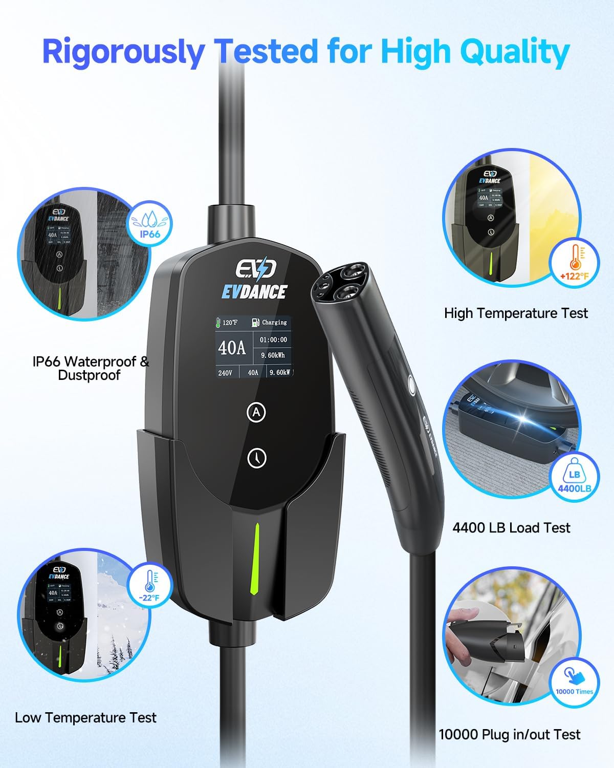 EVDANCE Level 2 EV Charger 40A 9.6kW NACS with 7.6m Cable