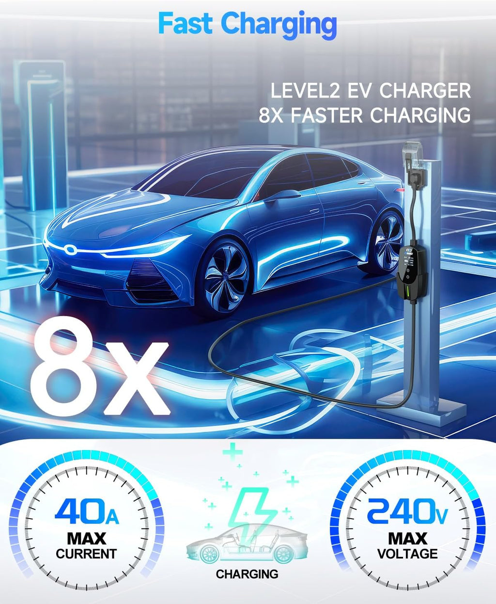 EVDANCE Level 2 EV Charger 40A 9.6kW NACS with 7.6m Cable