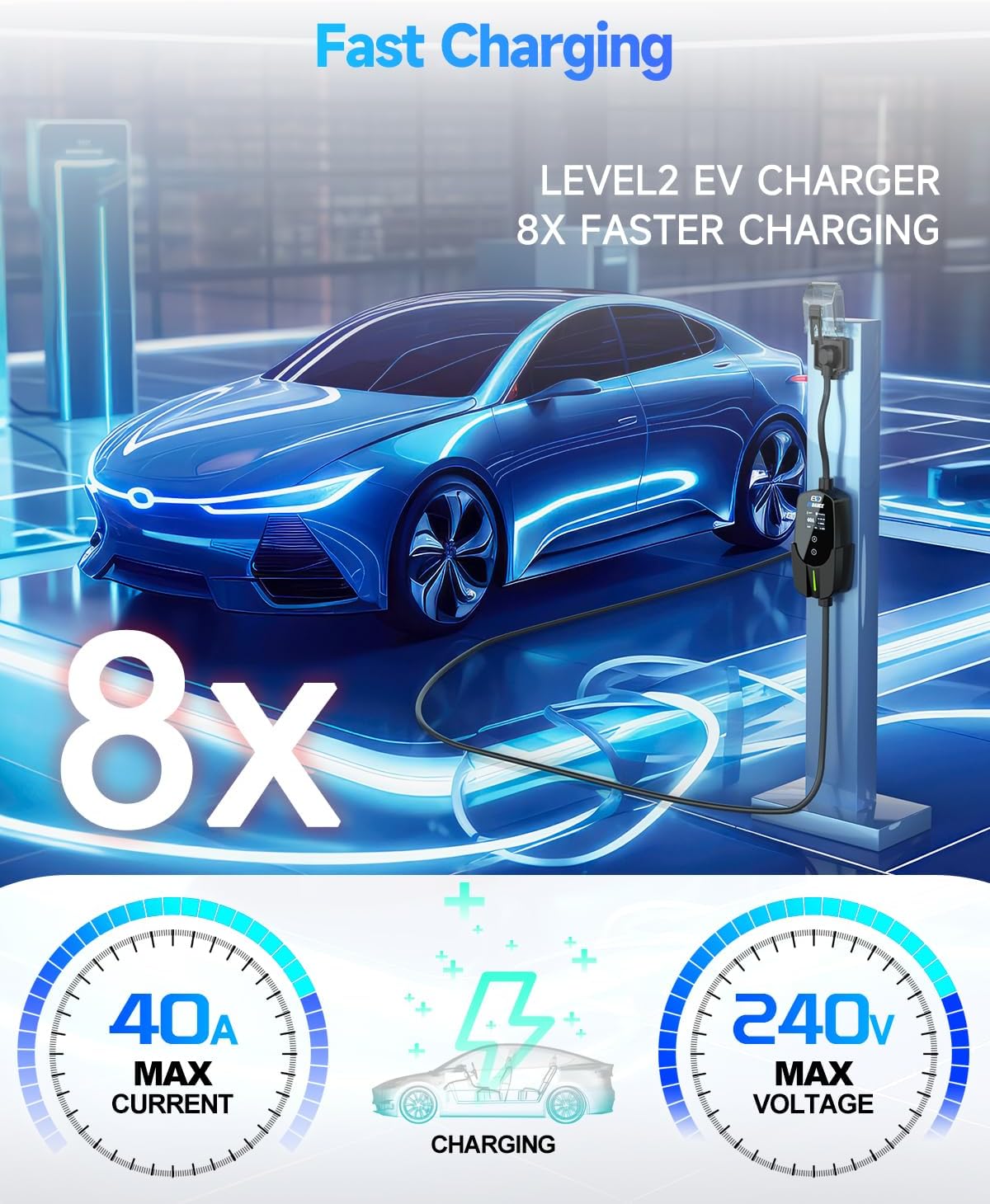 EVDANCE Level 2 EV Charger 40A 9.6kW NACS with 7.6m Cable