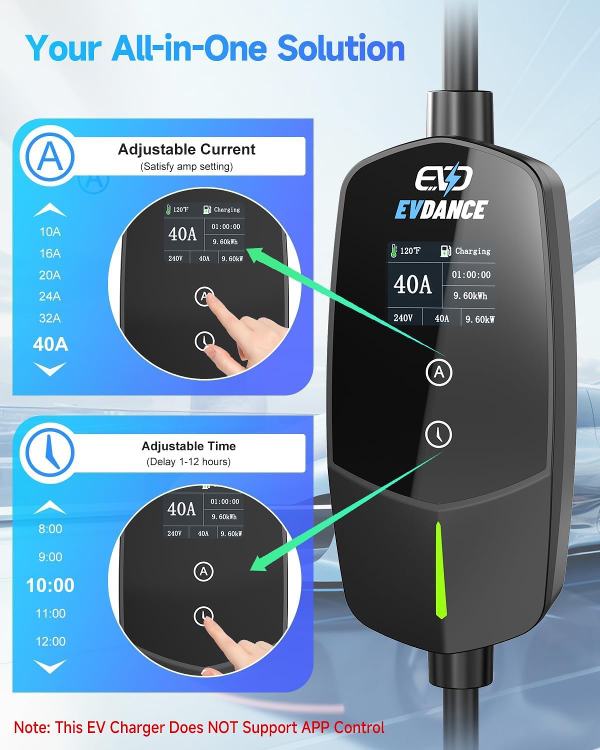 EVDANCE Level 2 EV Charger 40A 9.6kW NACS with 7.6m Cable